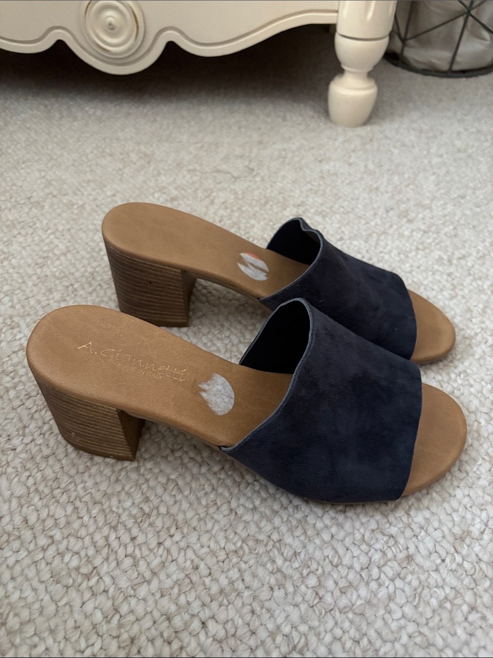 A. Giannetti Navy Suede Block Heel Mules